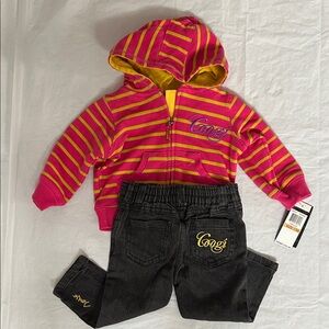 COOGI Pink and Yellow Striped Hoodie with Black Pants